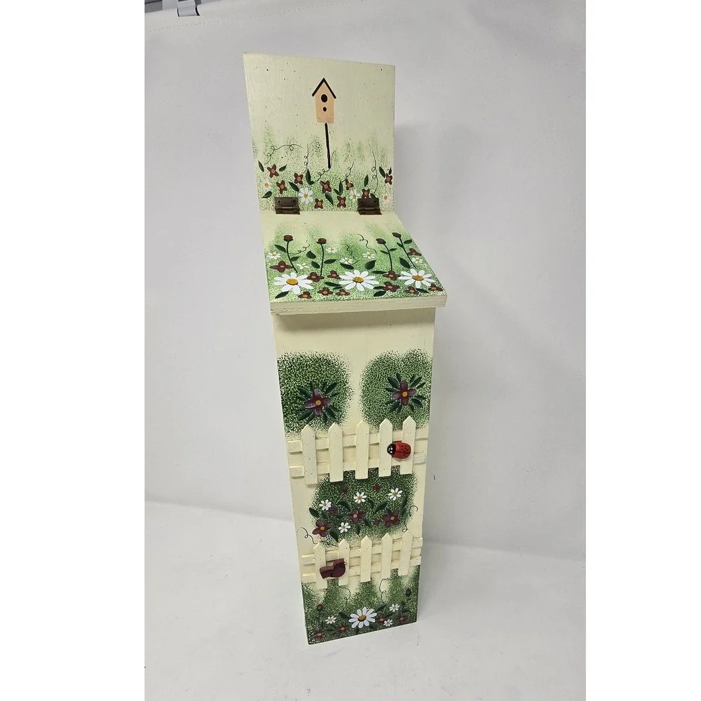 Vtg hand painted wooden grocery bag holder picket fence floral‎ cottagecore